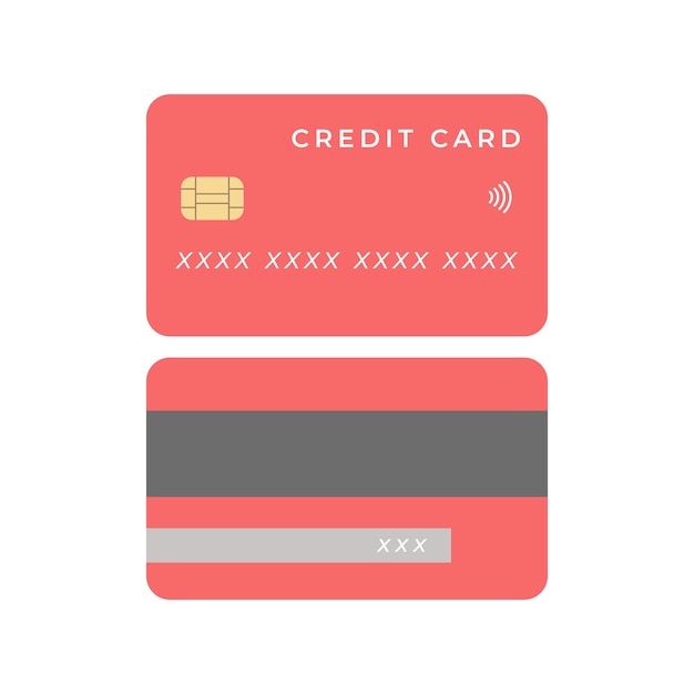 Credit Card red vector illustration icon. Front and Back. Flat design isolated on white