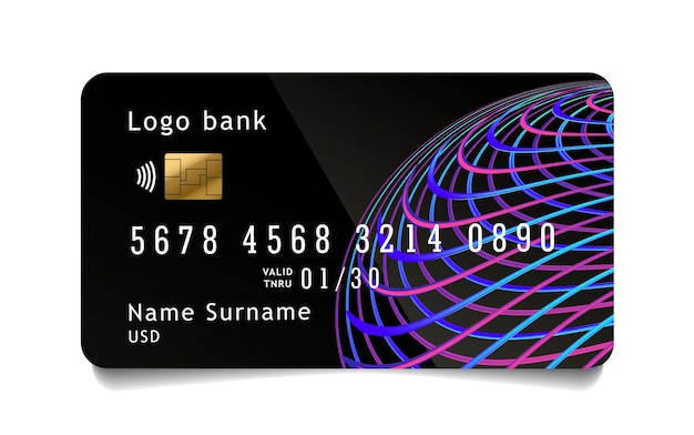 Credit card template design with bright neon sphere design element made of glowing lines forming