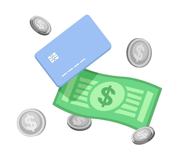 Credit cards and bills are flying around illustration set Coin point event payment bank Vector