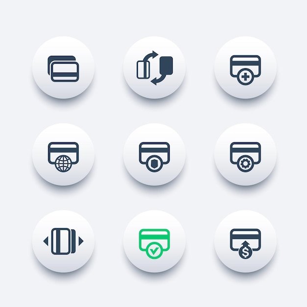 Vector credit cards icons set for mobile banking app, secure payment, add new card, processing