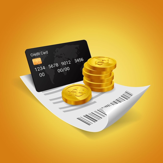 Credit cards and stacks of coins on billshopping bill payment Paying bills via credit card