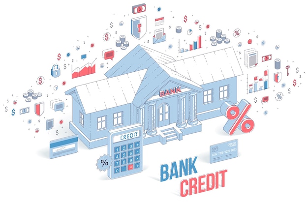 クレジットの概念、電卓と白い背景で隔離のパーセント記号、銀行のテーマで銀行の建物。アイコン、統計チャート、デザイン要素と3dベクトルビジネス等角投影図。