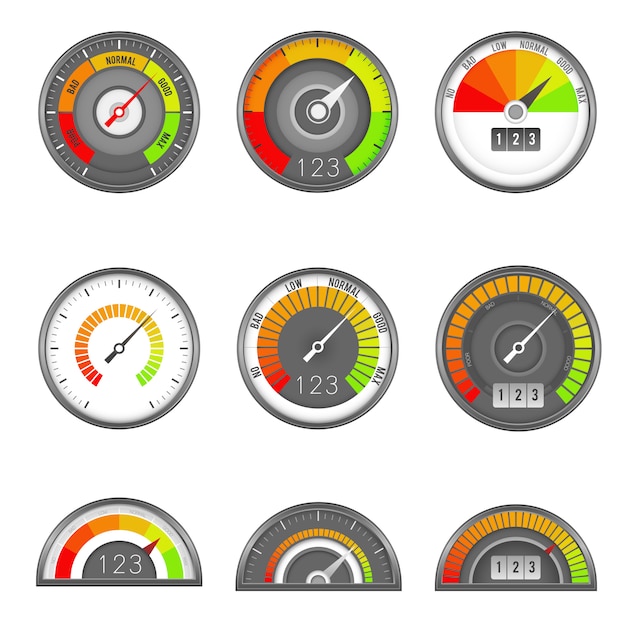 Credit indicator. Speedometer score gauge level scale, indicator rate dial, measure rating manometer graph minimum high, vector flat