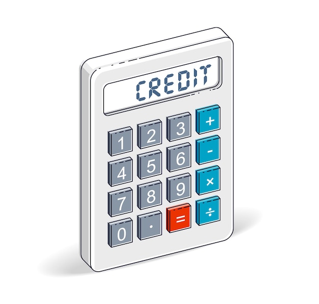 Credit and loan concept, calculator with credit lettering isolated on white background. vector 3d isometric business and finance illustration.