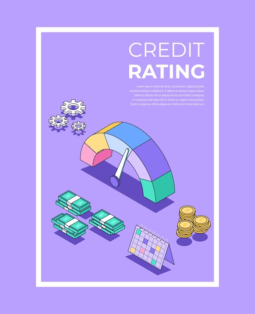 Credit rating isometrische poster Credit score sjabloon Lening geschiedenis meter of score schaal Geld en punt Bereken belasting Vector 3d illustratie