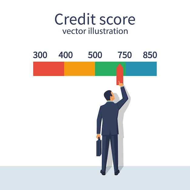 Indicatore del punteggio di credito uomo che modifica le informazioni personali sul credito documento del modulo di rapporto illustrazione vettoriale design piatto isolato su sfondo bianco foglio grafico
