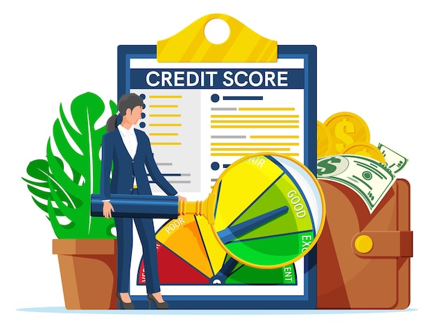 Credit Score Indicator and Gauge in Report Bank Rating Measurement Level Poor Fair Good and Excellent Rate Clipboard Wallet with Money Woman Debt Banking Tool Flat Vector Illustratie