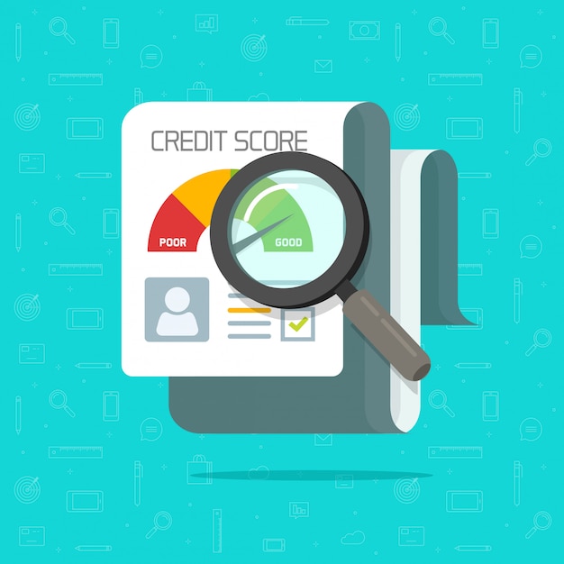 Credit score rapport onderzoeksdocument platte cartoon