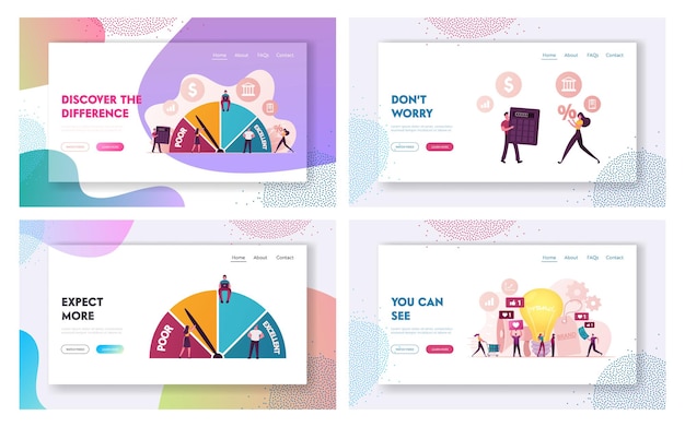 Credit score rating and brand awareness landing page template set.