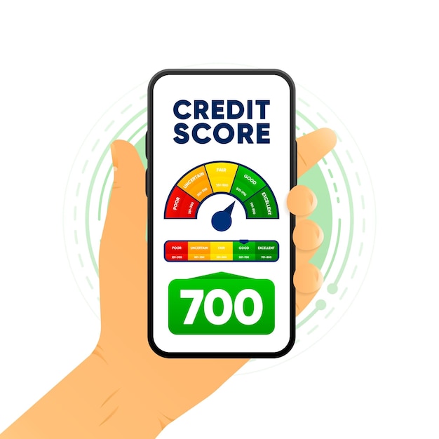 Credit score in smartphone Finance history Business report concept Excellent good fair uncertain