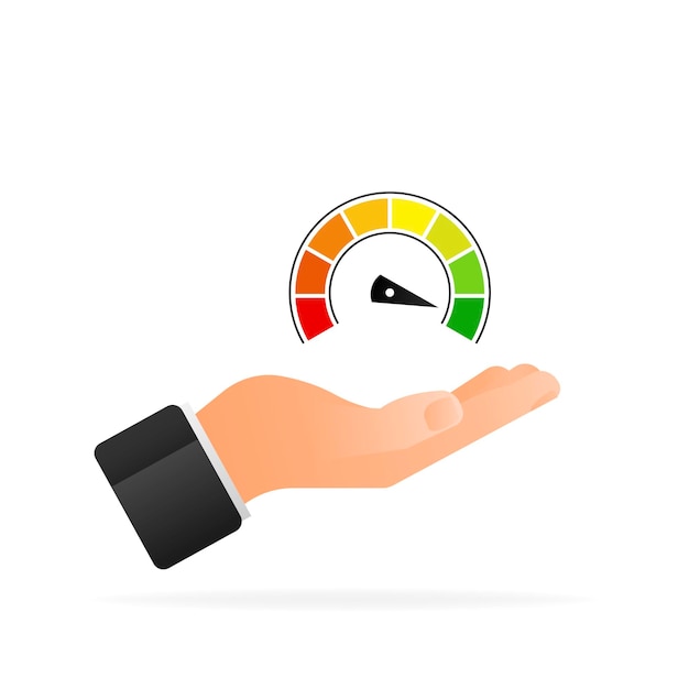 Tachimetro del punteggio di credito in mano su sfondo bianco