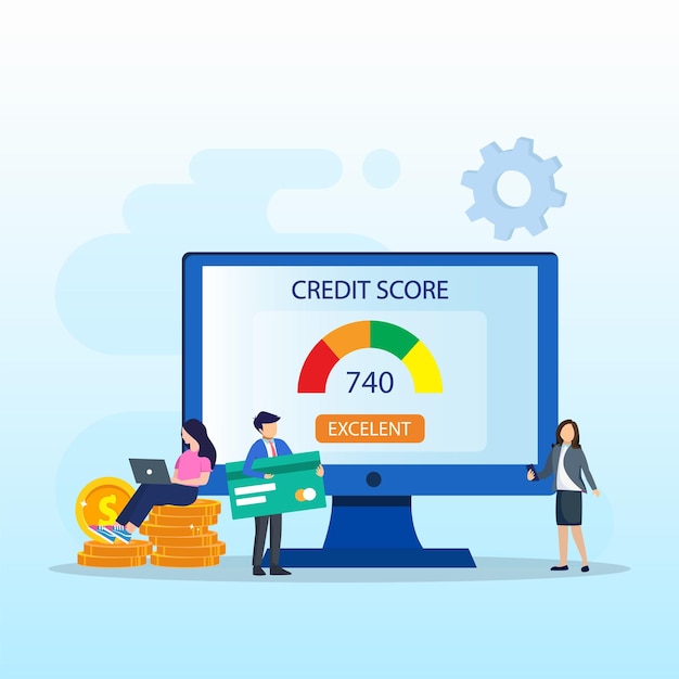 Credit score vector Businessman and businesswoman looking at credit form on laptop and smart phone