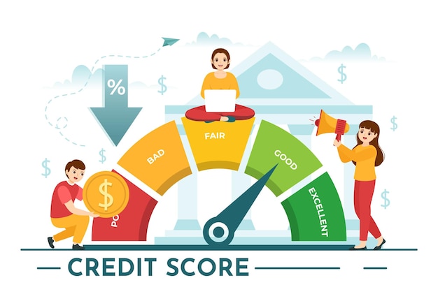 Credit Score Vector Illustration with Loan Arrow Gauge Speedometer Indicator from Poor to Good Rate