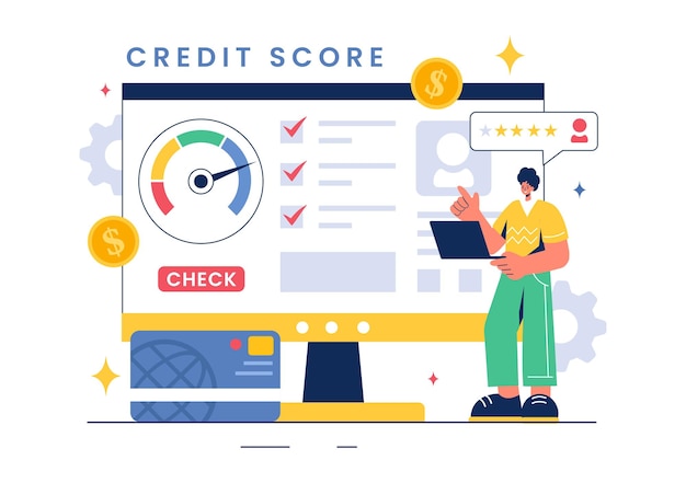 Credit Score Vector Illustration with Loan Arrow Gauge Speedometer Indicator Showing Ratings from Poor to Good in a Flat Cartoon Style Background