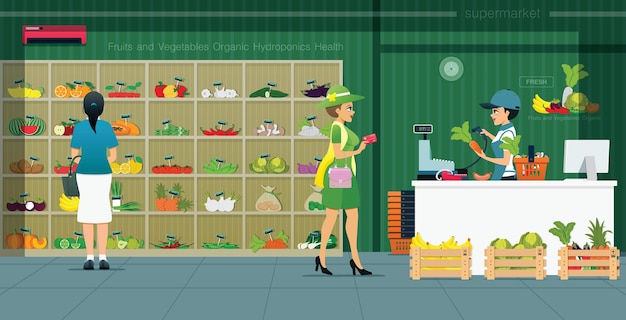 Vector creditcardklanten staan van de toonbank om groenten in supermarkten te kopen
