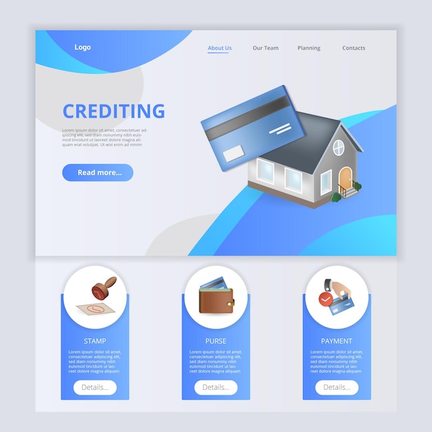 Crediting flat landing page website template stamp purse payment web banner with header content and