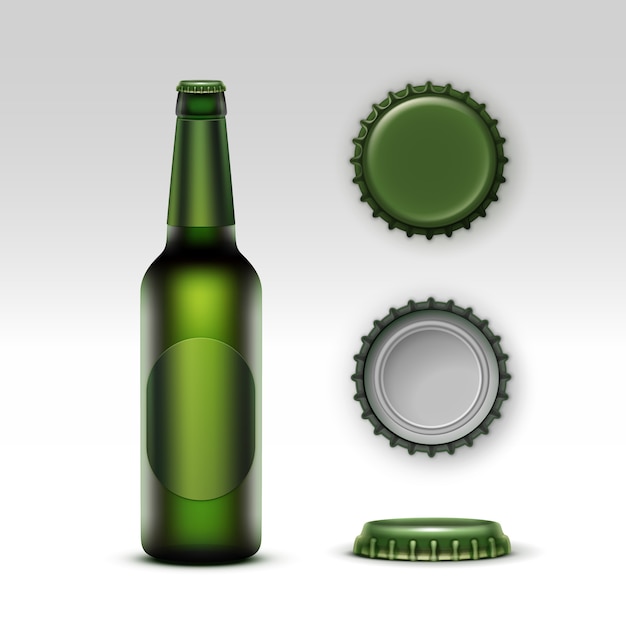 Вектор Пиво creen в бутылке с зеленой этикеткой и набором крышек