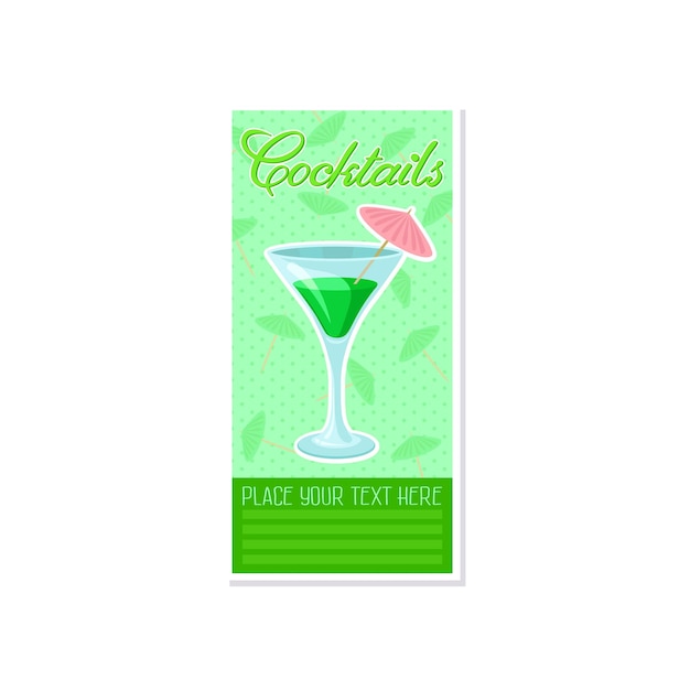 Creen cocktail with umbrella in martini glass banner summer drink cocktail party celebration flyer invitation or card vector Illustration colorful design element