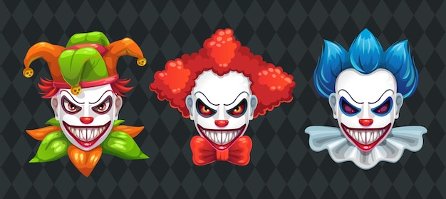 Vector creepy clown faces set spooky halloween masks with angry smile jester and joker characters
