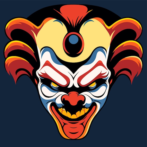 Vettore testa di clown inquietante halloween disegnato a mano piatto elegante adesivo di cartone animato concetto di icona isolato