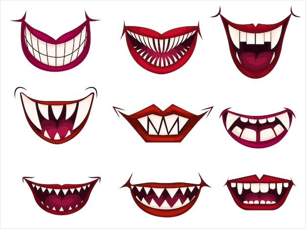 Жуткие рты клоуна набор страшно злой клоун улыбка векторные иконки набор векторные иллюстрации eps