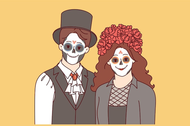 Creepy couple dressed up to celebrate halloween and create creepy atmosphere at night party