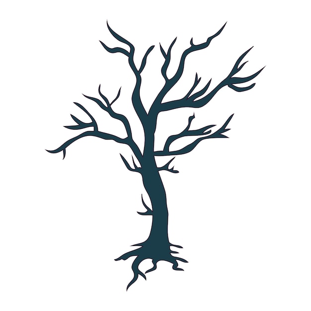 Жуткое мертвое дерево с кривыми ветвями. Элемент дизайна открыток, баннеров, наклеек на Хэллоуин.