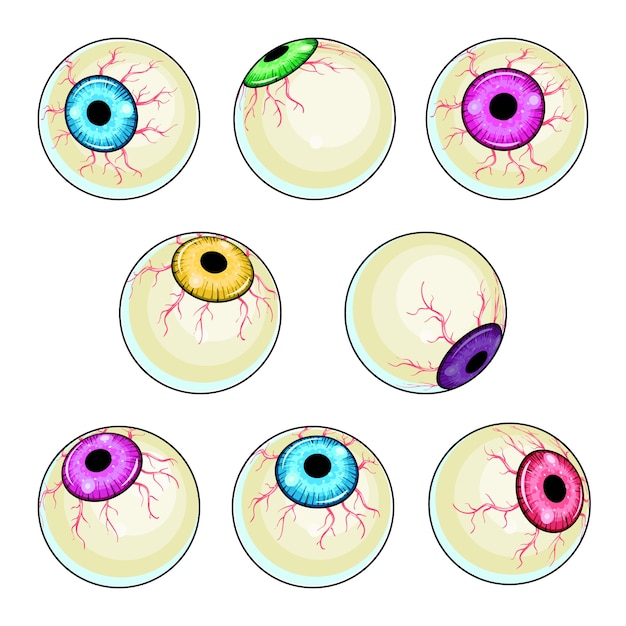 Vector creepy eye illustrations set. halloween scary eyeball collection