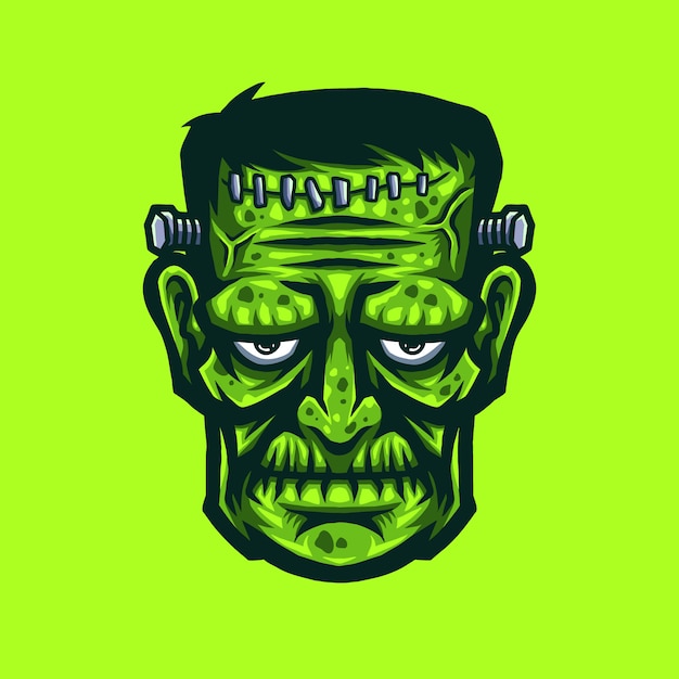 Vector creepy green frankenstein monster head. met de hand getekende illustratie.