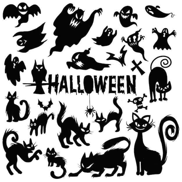 소름 끼치는 할로윈 유령과 검은 고양이 실루엣, 일러스트 템플릿. 벡터 디자인
