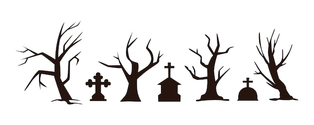 Creepy halloween cimitero lapidi bare collezione vettoriale silhouette di alberi spettrali