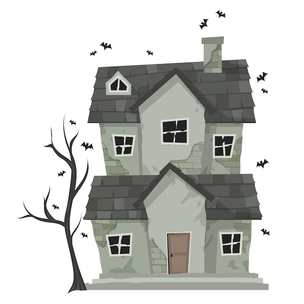 Creepy Haunted House or castle mansion Abandoned home with ghost and bat for halloween concept illustration