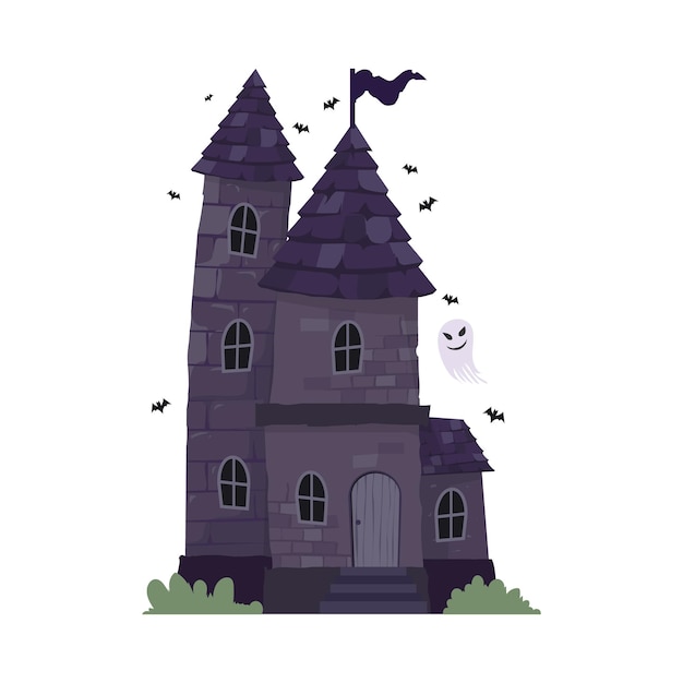 不気味なお化け屋敷や城の大邸宅、ハロウィーンのコンセプト イラスト用の幽霊とコウモリの廃屋