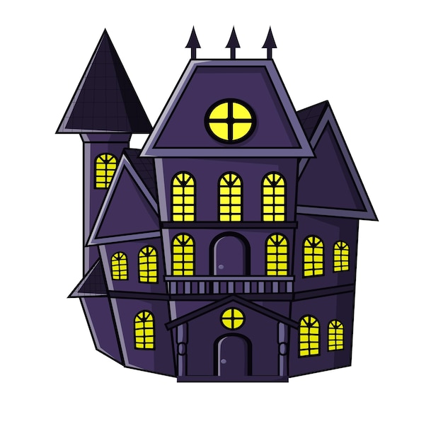 Жуткий фиолетовый замок с привидениями на белом фоне