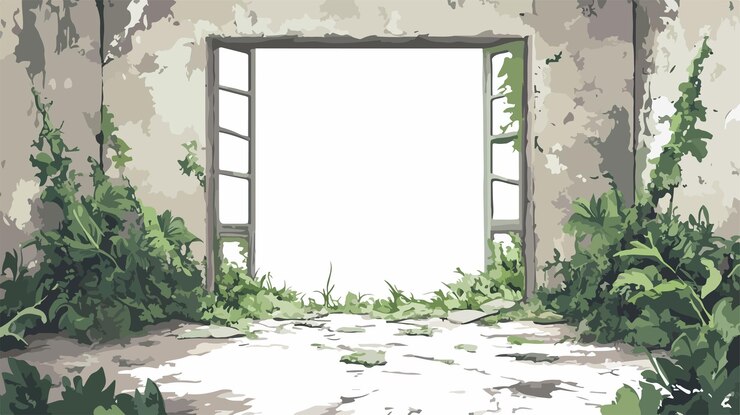 Vector creepy interior of old abandoned building covered in mold and overgrowth
