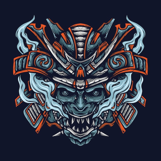 Creepy mechanical samurai demon with angry face premium vector