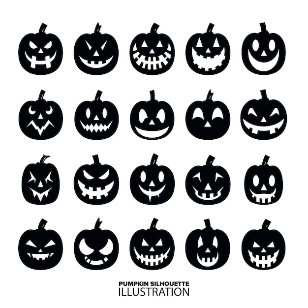 Vector creepy pumpkin ensemble black horror pumpkins in silhouette collection ideal for halloween