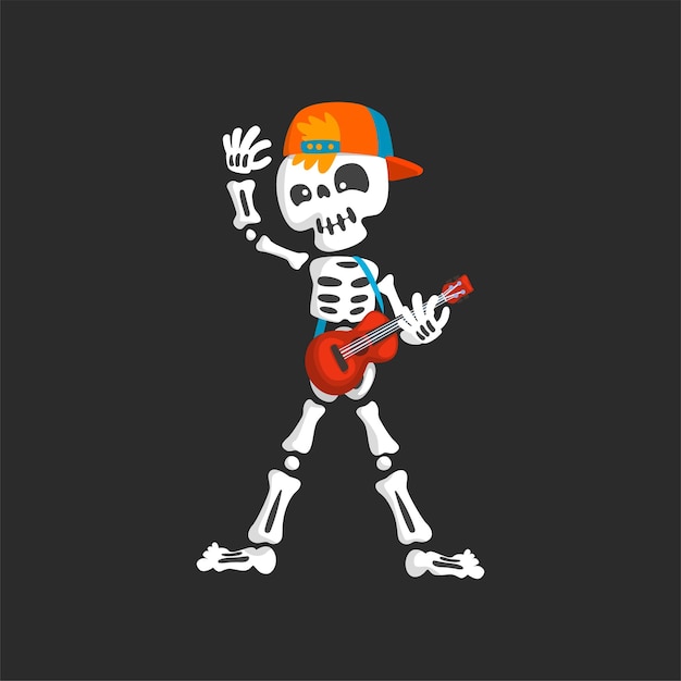 creepy skeleton character in baseball cap playing guitar vector illustration on a black background