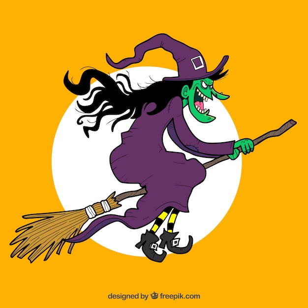 Vector creepy witch flying on broom