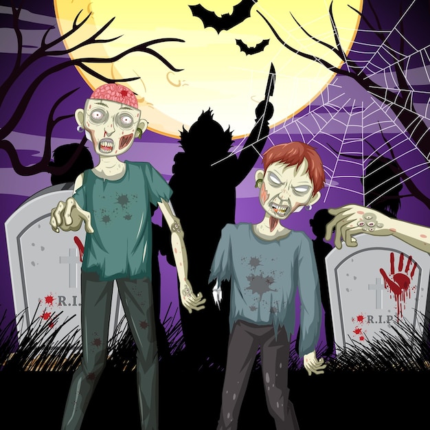 Vector creepy zombie on forest cemetery background