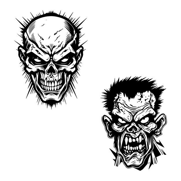 Vector creepy zombie hand drawn logo design illustration set