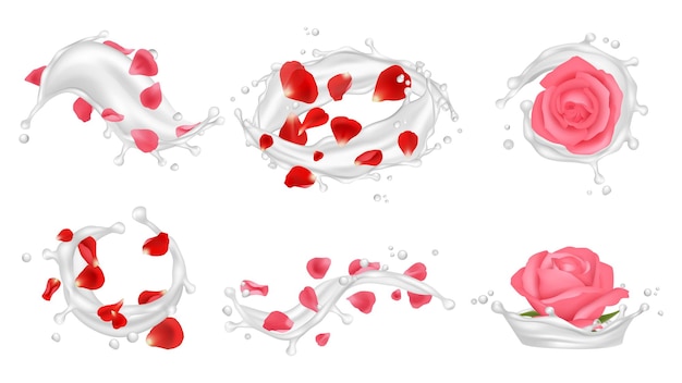 Crème spatten. realistische rozen, bloemblaadjes en witte vloeistoffen, zorgcosmetica vectorillustratie. schoonheidsvlek met rood bloemblad, melkachtige uitstrijkje in het gezicht