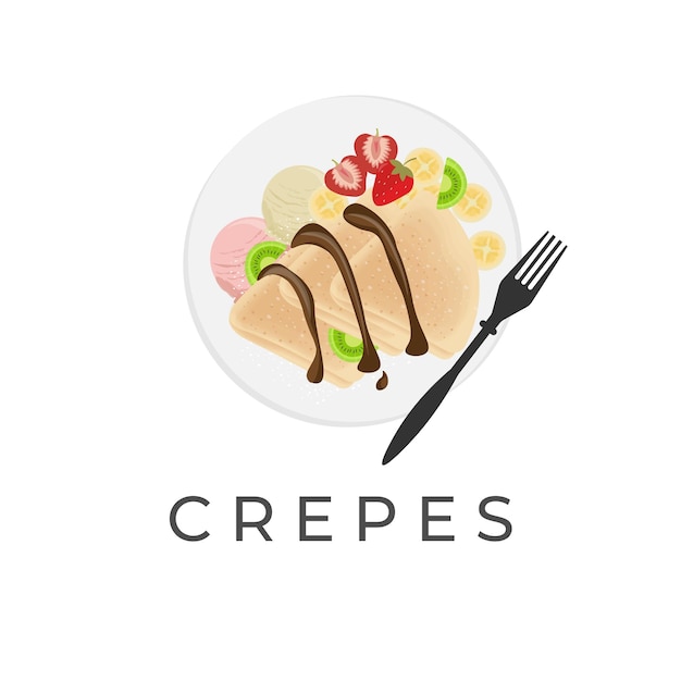 Crêpe vector illustratie logo met chocoladesaus vers fruit en ijs