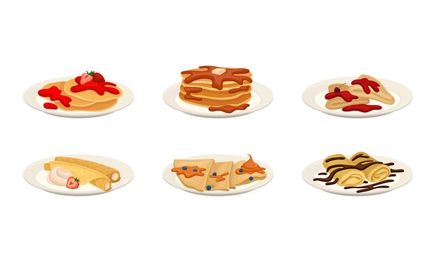 Vector crepes or pancakes with different stuffing and toppings rolled and folded on plate vector set