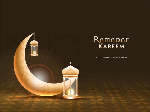 Crescent golden moon, and illuminated lanterns on brown background. Islamic holy month of 