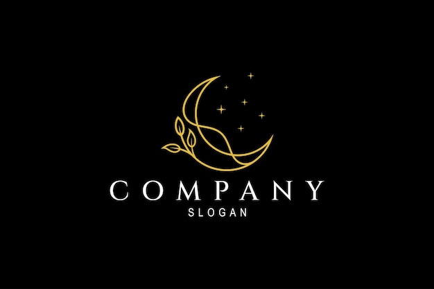 Crescent-logo met versierde bladeren en sterren in luxe gouden kleur met lineaire ontwerpstijl