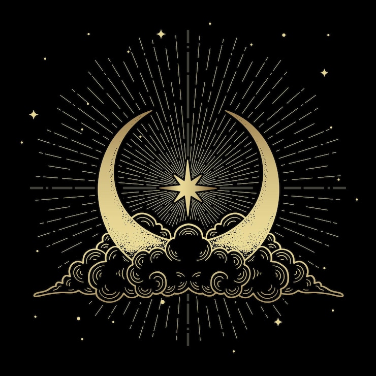 Vector crescent moon accompanied by clouds and stars