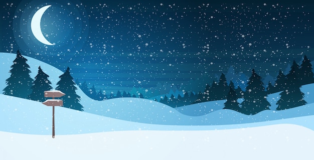 Vector crescent moon in bright starry sky night pine forest happy new year merry christmas holiday celebration concept