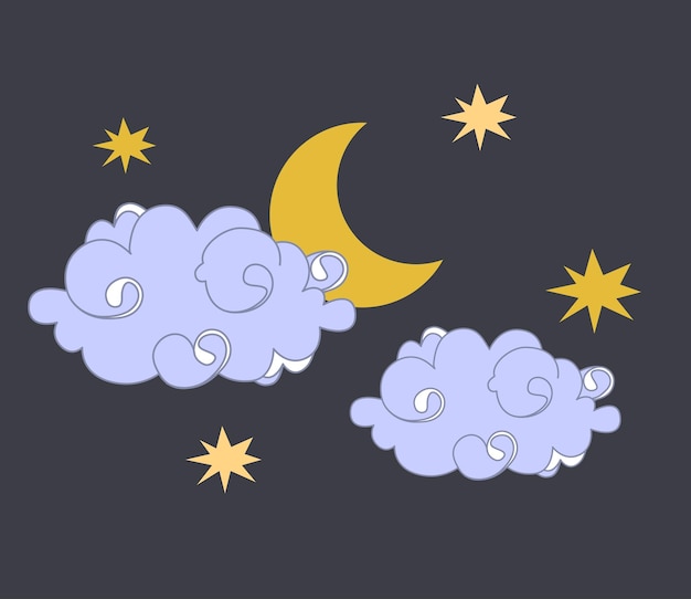 Vector crescent moon in clouds stars vector design on dark background