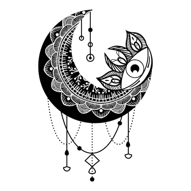 Vettore simbolo del contorno occhi della luna crescente. amuleto etnico spirituale boho. terzo occhio esoterico. mistica mascotte tribale. illustrazione personalizzabile linea sottile. disegno di assieme isolato vettoriale.